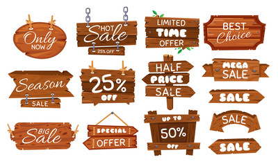 Wall Mural - wooden sale sticker. season sales sign, wood board offer tag and vintage best price label cartoon ve