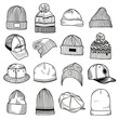 Set of fashion men's caps and hats sketches: baseball caps, snap-back cap, trucker cap, baker boy cap, knitted hats, hats with a pom pom, sports hats, fisherman beanie, bucket hat. Vector isolated