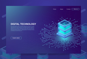 AI. Concept of  big data processing center, cloud database, station of future, data mining, energy server. Digital information technologies, machine programming. Vector illustration.