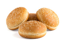 Burger Buns On White Background. A Few Buns Cut In Half Close Up On A White Background.