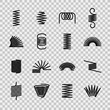 © YummyBuum - Steel spring. Spiral coil flexible steel wire springs shape. Absorbing pressure equipment line vector icons