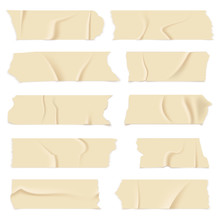 Adhesive Tape. Old Paper Scotch Tapes, Masking Sticky Pieces Realistic Strips. Isolated Vector Set