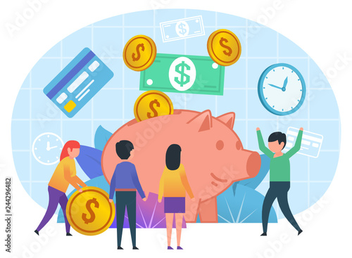 Finance Savings Concept Small People Stand Near Piggy Bank