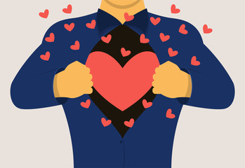 A man opens his chest showing a loving heart. Vector illustration.