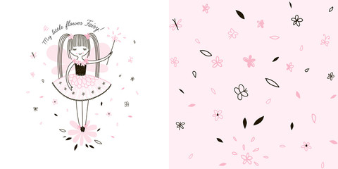 Girlish Fairy themed graphic set with Little cute cartoon Fairy girl illustration and seamless small scaled floral pattern. Doodle linear drawing. Pink colour. Perfect for baby girl fabric, textile