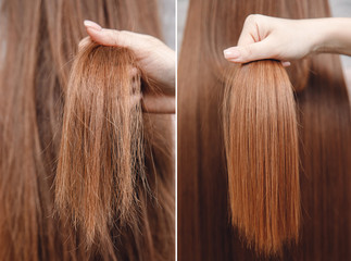 sick, cut and healthy hair care keratin. before and after treatment
