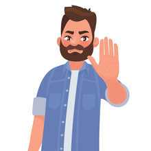 Serious man shows stop gesture. Vector illustration