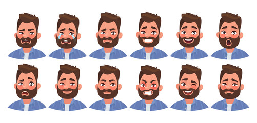 Set of different emotions male character. Handsome man emoji with various facial expressions