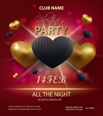 Wall Mural - Happy Valentines Day party poster template design. Golden and black 3d hearts on red background. Typography flyer invitation vector illustration. Party. Vector