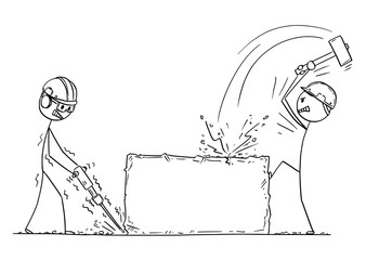 Cartoon stick drawing conceptual illustration of two workers, workmen or labourers working with hammer drill on big pice of rock or stone. Can work as sign for your text.