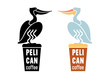 Color and black flat graphic icon or logo of water bird pelican, sitting on cup of coffee. Symbol, character, vintage vector illustration, isolated on background for design, label, cafe, identity.