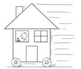 Poster - Cartoon stick drawing conceptual illustration of man driving and moving family house on wheels as car.