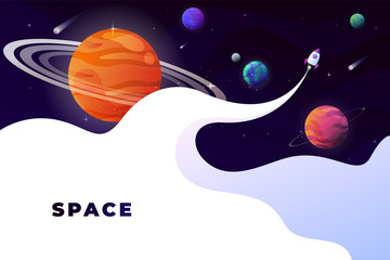 Wall Mural - Space flat vector background, planets and stars. Space for your text.