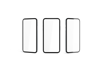 Wall Mural - blank white screen in black phone frame mockup set, isolated, 3d rendering. empty mobile model mock 