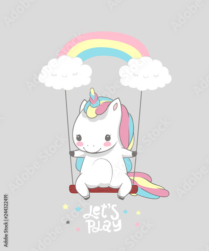 Cute Baby Unicorn Swing Rainbow Print Poster Morning Motivational