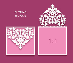 Wedding invitation card with cutout lace decoration, template for laser cutting