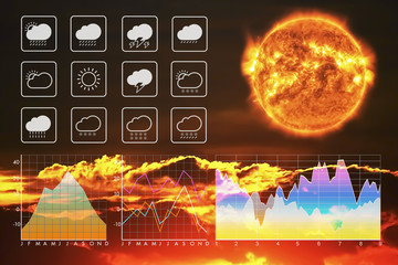 Wall Mural - weather forecast symbol data presentation with graph and chart on climate change with sun and sunset