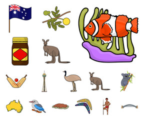 Wall Mural - Country Australia cartoon icons in set collection for design.Travel and attractions vector symbol stock web illustration.