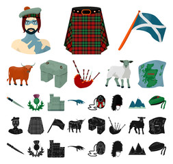 Wall Mural - Country Scotland cartoon, black icons in set collection for design. Sightseeing, culture and tradition vector symbol stock web illustration.