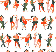 Hand Drawn Vector Abstract Cartoon Modern Graphic Happy Valentines Day Concept Illustrations Art Seamless Pattern With Dancing Couples People Together Isolated On White Background