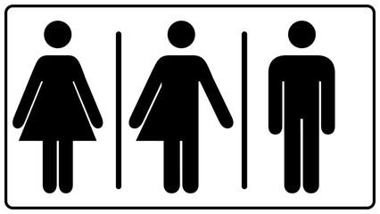 All gender restroom sign. Male, female transgender.  illustration. Black symbols isolated on white. Mandatory banner. Set of female, male and transgender people silhouettes