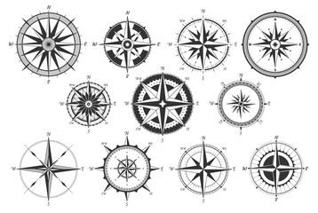 Vintage compass. Nautical map directions vintage rose wind. Retro marine wind measure. Windrose compasses vector icons isolated