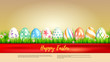 Banner with easter eggs wrapped in red ribbon. Handwritten text Happy Easter holidays. Template of banner for spring season with buds of flower in green grass. Editable 3d vector illustration