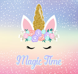 Cute unicorn vector graphic design. Cartoon unicorn head with flower crown illustration - magic time