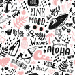 © alenast - Summer seamless pattern with doodle icons and lettering. Modern wallpaper decoration with surf board, sun, watermelon , waves