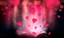 Book Of Love. An Open Book With Red Hearts. Fantasy On Valentine's Day. The Magic Of Love And Heart, Romantic Stories.