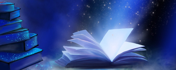 Wall Mural - An open book with a magical fantasy. Night view illustration with a book. The magical power of reading and words, knowledge. Abstract background with a book.