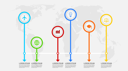 Infographic vector template for presentation, chart, diagram, graph, business concept with 6 options on world map