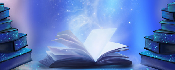 Wall Mural - An open book with a magical fantasy. Night view illustration with a book. The magical power of reading and words, knowledge. Abstract background with a book.