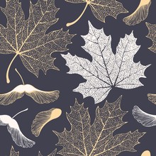 Skeleton Maple Leaves And Seeds Seamless Pattern
