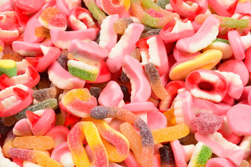 Assorted gummy candies. Top view. Jelly  sweets.