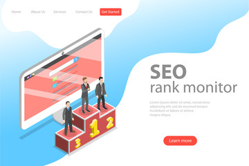 Wall Mural - flat isometric vector landing page template of seo ranking monitor, website optimization marketing, 