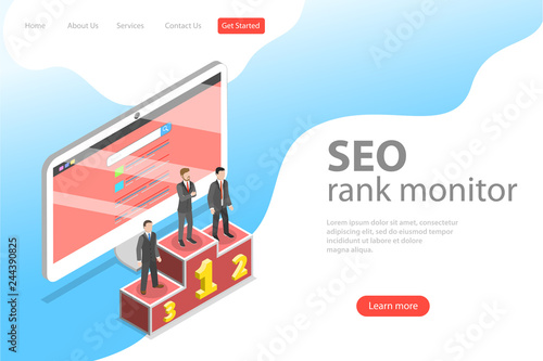 Fotografía Flat isometric vector landing page template of seo ranking monitor, website optimization marketing, web analytics