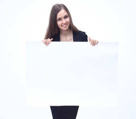 executive's young business woman showing blank banner.