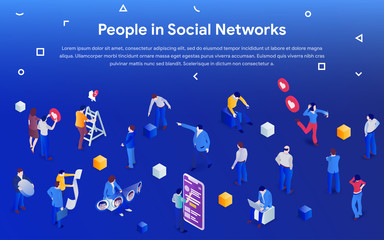 Wall Mural - people in social media 2019. 3d isometric promotion business concept. men and women in crowd on blue