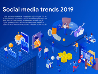 Wall Mural - social media trends 2019. people interact in social networks. 3d isometric promotion business concep