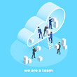 isometric image on a blue background, men in business suits work in a team uploading data to the cloud