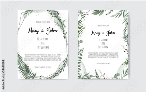 Set of card with leaves and geometrical frame. Floral poster, invite.