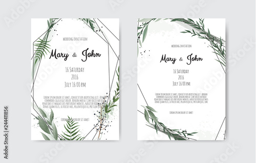 Set of card with leaves and geometrical frame. Floral poster, invite.