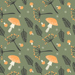 Autumn seamless pattern with nature elements orange fly agaric mushrooms, brown fern leaves and viburnum berry branches. Fall season at forest in the form of vector design on dark green base.