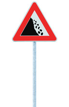 Falling Rocks Risk Caution Road Sign Pole Post Large Detailed Isolated Vertical Roadside Stones Traffic Warning Signage Macro Closeup Rock Slide Fall Danger Possible Red Frame Triangle Signpost Detail