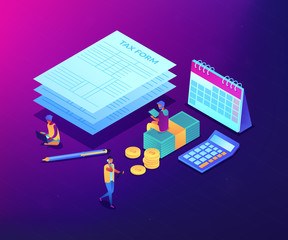 Poster - Businessmen and accountant filling and calculating financial document form. Tax form, income tax return, company tax payment concept. Ultraviolet neon vector isometric 3D illustration.