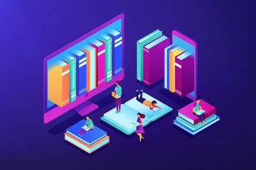 Poster - Huge computer and smartphone with a lot of books and students using e-library. E-library, online education materials, media files library concept. Ultraviolet neon vector isometric 3D illustration.