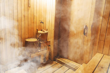Interior Of Finnish Sauna, Classic Wooden Sauna, Relax In Hot Sauna