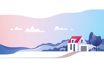 Rural landscape. Suburban traditional  house. Family home. Vector illustration.