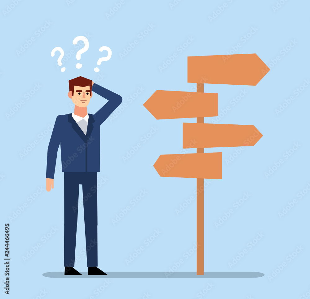 Confused businessman stands at crossroads and thinks where to go. Choose business direction concept. Flat design vector illustration - obrazy, fototapety, plakaty 